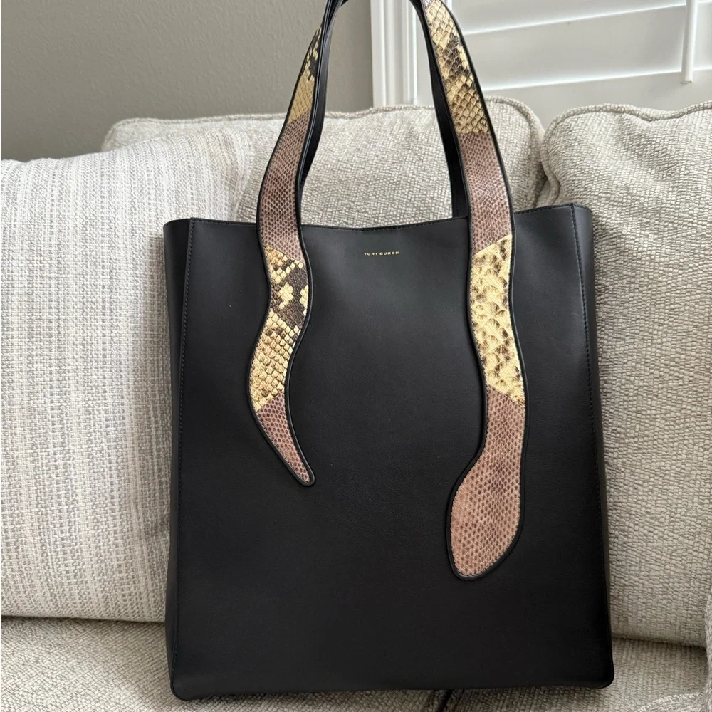 Tory Burch Black and Snake Print Tote